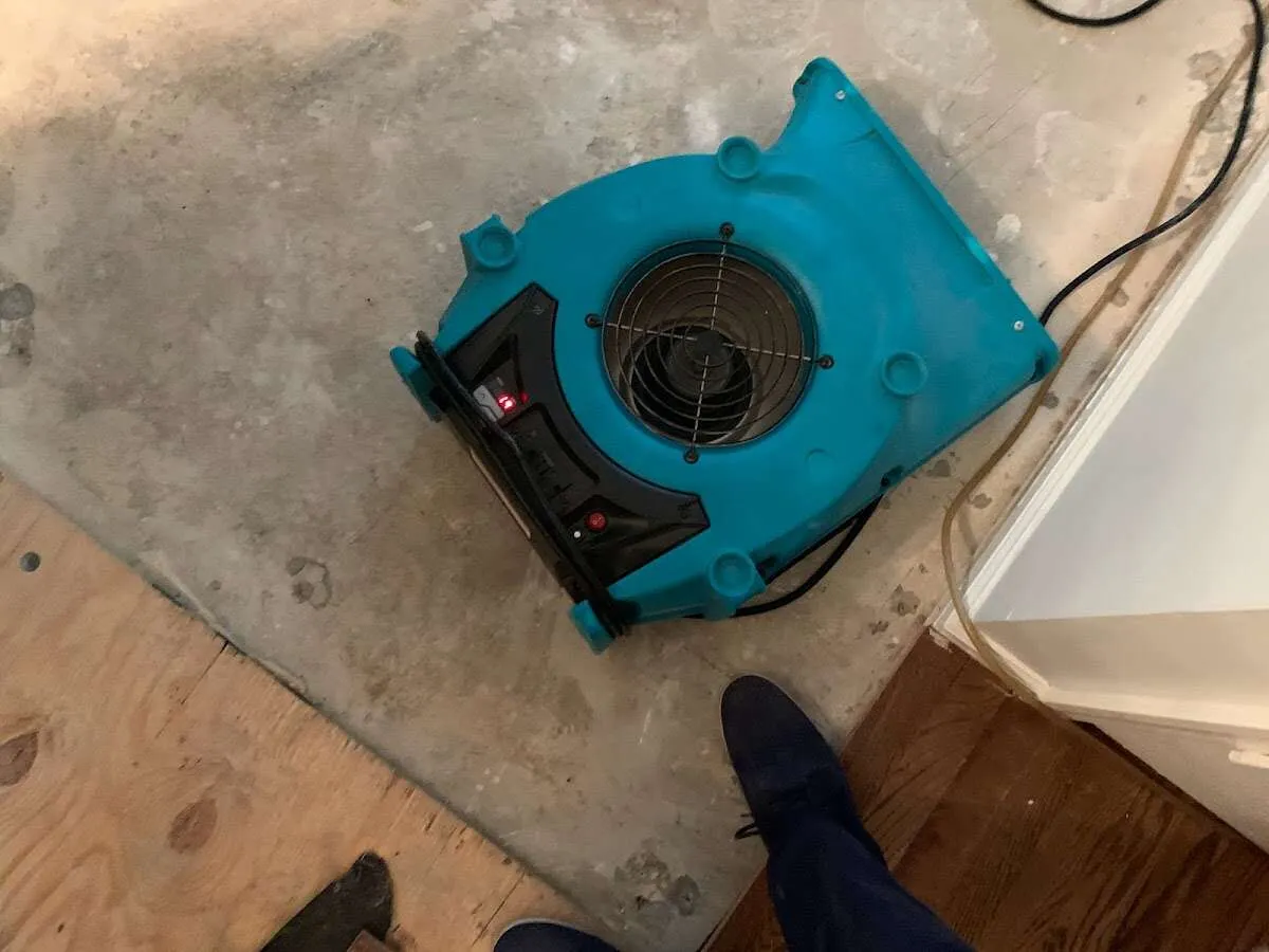 Air mover drying subfloor during Leak Detection & Repair in Upper Dublin